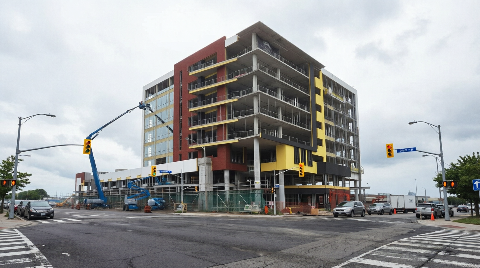 Corner view of mixed-use building under construction at intersection